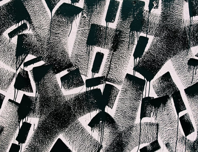 a black and white photograph of a graffiti filled wall