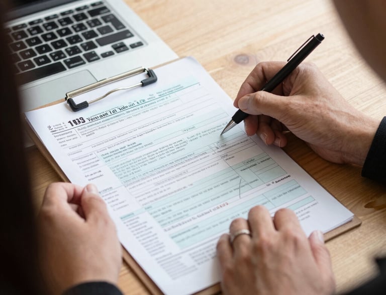 Professional consultant reviewing tax documents in modern office.