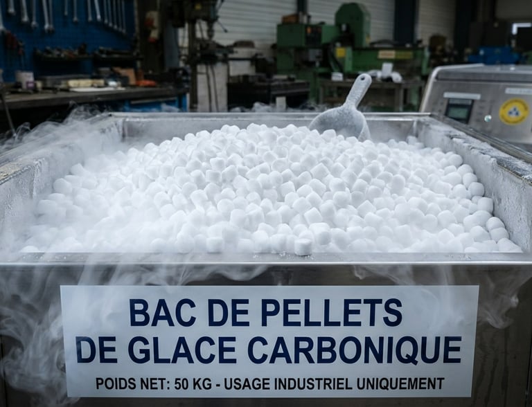 Industrial bin filled with smoking dry ice pellets for cryogenic cleaning in a workshop.