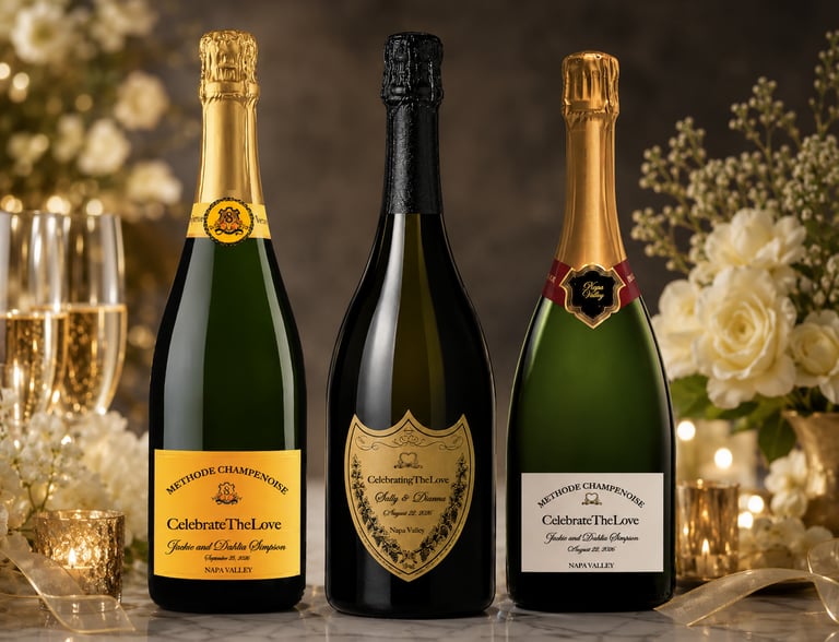 Three personalized champagne bottles with custom wedding labels from Napa Valley on a marble table.