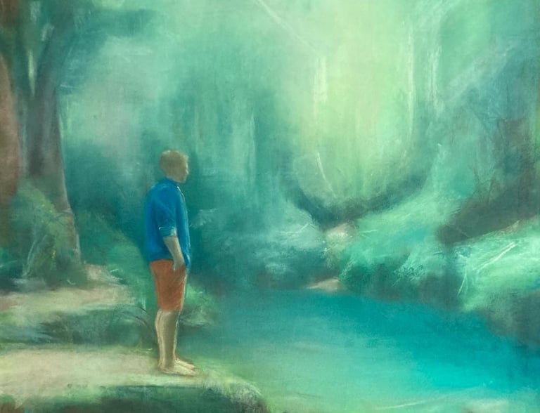 Drawing of a man standing by a turquoise forest stream. dry pastel on paper. 50x65.