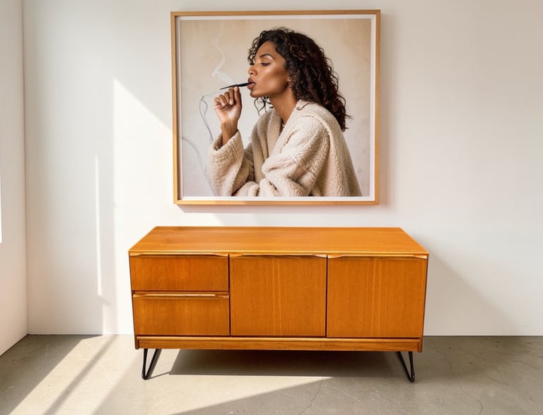 Morris of Glasgow teak sideboard on hairpin legs with Mid Century Modern design and vintage retro style.