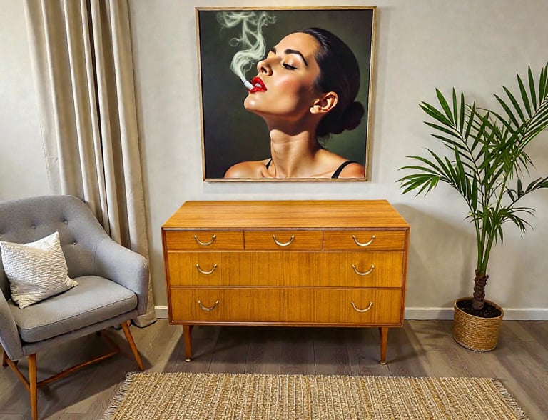 Vintage 1960s Meredew walnut chest of drawers with brass handles, retro mid century modern design