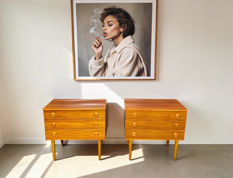 Pair of Schreiber Mid Century bedside tables in teak with retro vintage design and practical bedroom storage.