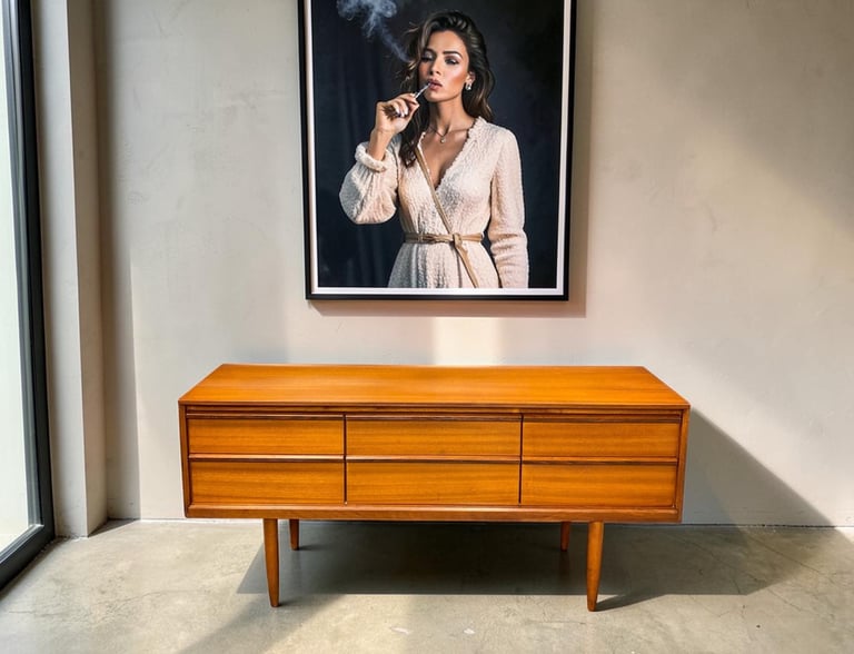 Austin Suite vintage teak sideboard in Mid Century Modern style with spacious cupboard and drawer storage.