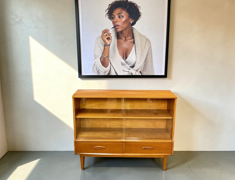 Jentique Mid Century teak cabinet with retro vintage design and practical storage for living room, bedroom, or hallway.