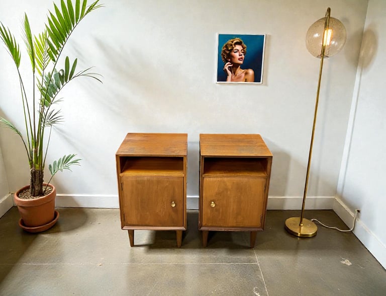 Pair of Meredew Mid-Century Modern teak bedside tables, vintage 1960s–70s MCM nightstands with storage drawers, stylish retro