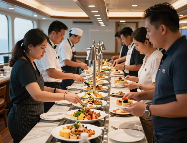 A cruise ship dining room with attentive staff serving guests with smiles.