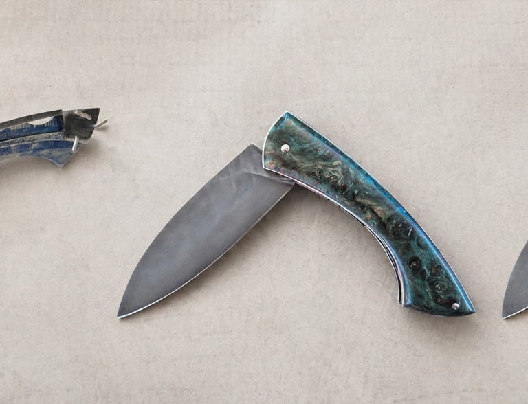 Montage de trois couteaux pliants artisanaux de Neelson Astic Coutelier