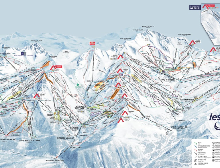 3 Valleys ski area map showing Val Thorens and connected ski resorts in the French Alps