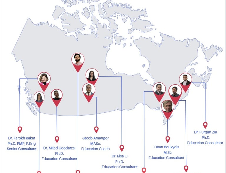 Map of Canada showing 10 education consultants and coaches with location pins, names, qualifications