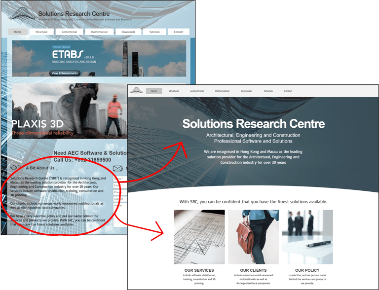 Screenshot of old and new SRC homepage to show movement of About Us to above the fold