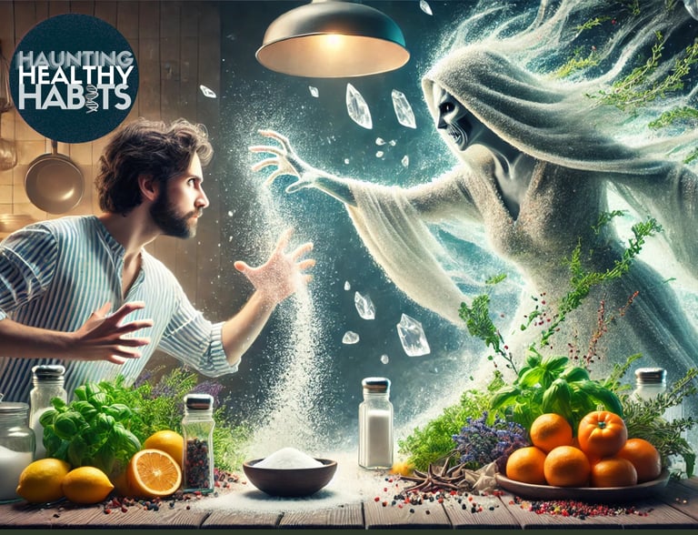 battling the Salt Siren in a surreal kitchen setting. HauntingHealthyHabits.com