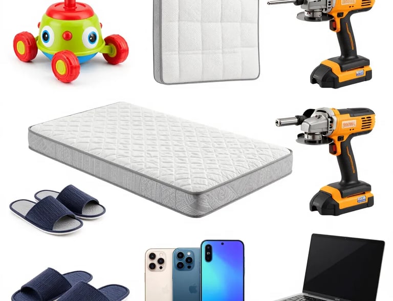 Colagem de produtos variados para casa, eletrónica, ferramentas e brinquedos sobre fundo branco para