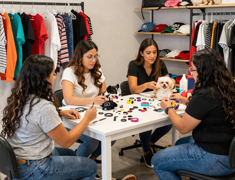 Cuatro mujeres diseñan ropa y accesorios personalizados para mascotas en una mesa de un taller