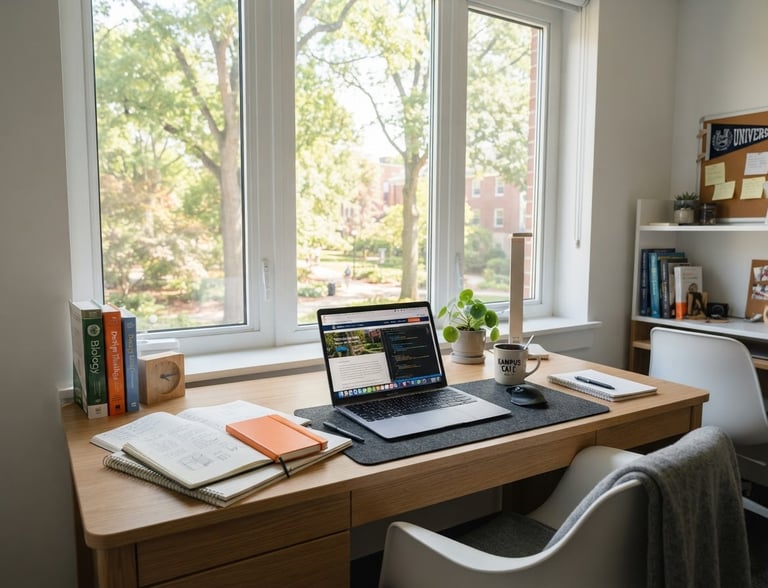 Bright sunlit student desk with a laptop, notebooks, and a window showing campus trees in the background, clean modern interior, natural daylight.