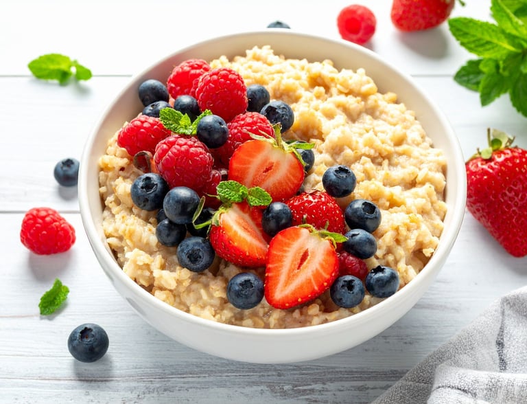 A healthy bowl of oatmeal topped with fresh strawberries, blueberries, and raspberries.