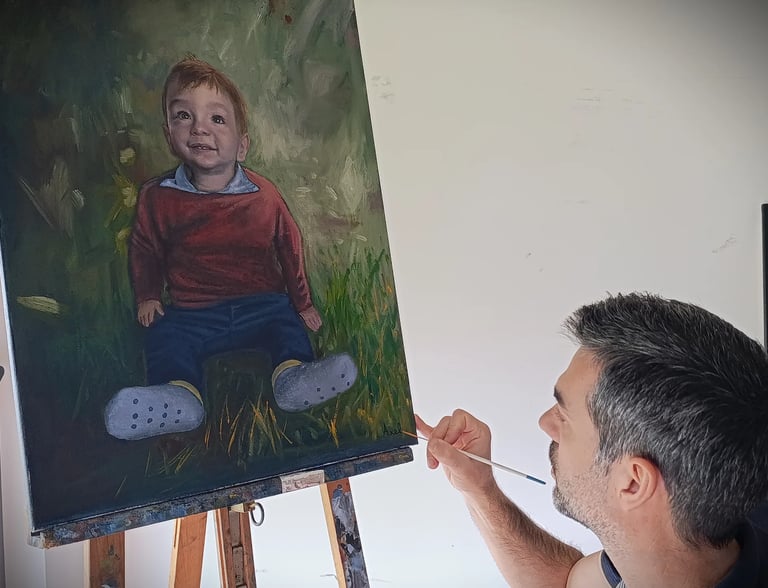 Fine art process at Axel Atelier, oil painting portrait detail by a polymath creator.