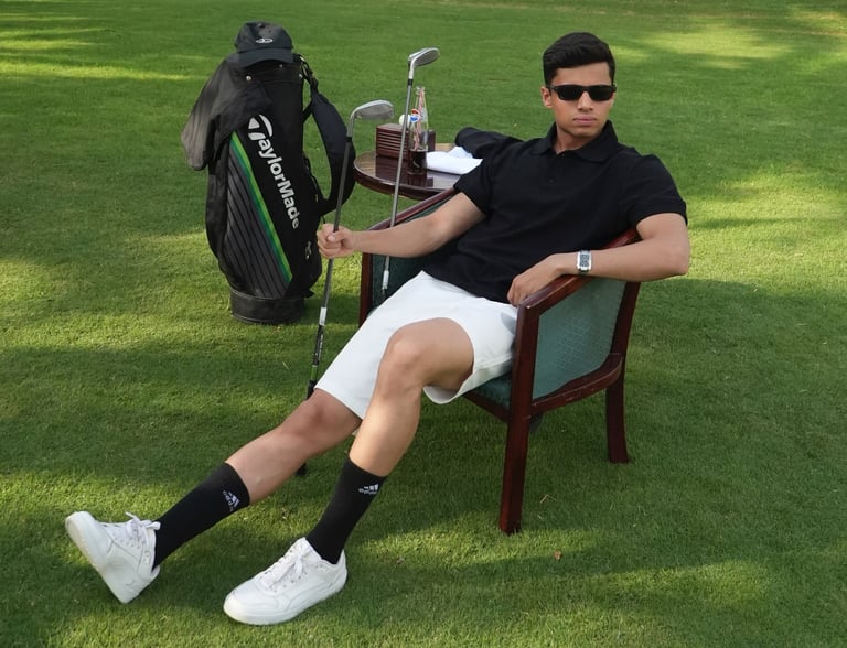 A young man wearing a polo shirt and sunglasses relaxes on a golf course with a TaylorMade golf bag and clubs.