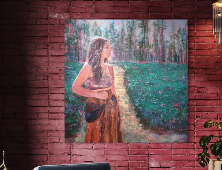 Sacred Light portrait artwork displayed in a peaceful home space