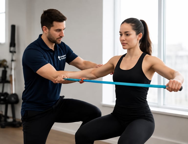 A physical therapist helps a woman with resistance band shoulder exercises in a rehabilitation clinic.