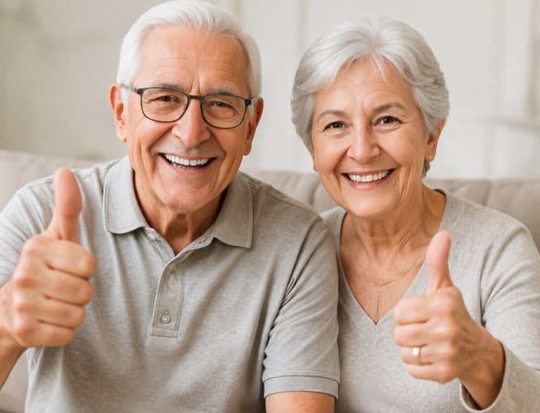 A happy senior couple smiling and giving a thumbs up at home, representing healthy aging and retirement.
