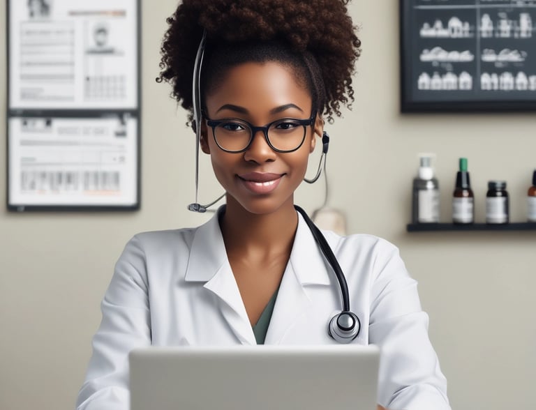 A caring psychiatrist discussing medication plans with a smiling adult patient over a video call.