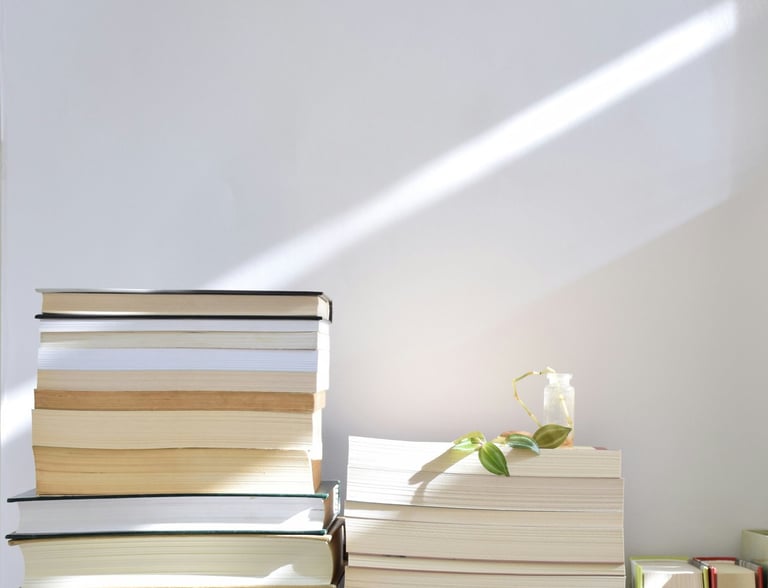 A stack of hardcover and paperback books arranged against a white wall with sunlight and a small plant.