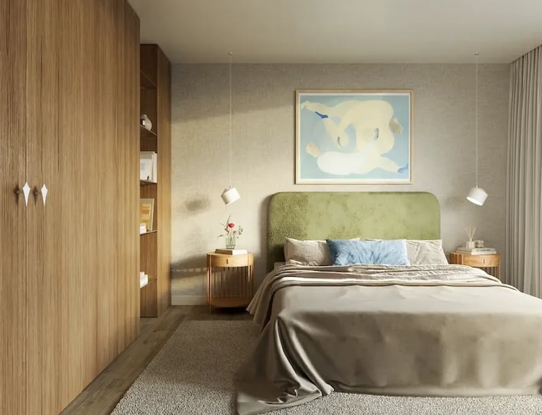 Diseño Interior de dormitorio. Minimalista, cálido y contemporáneo. Calmo y que invita a descansar.