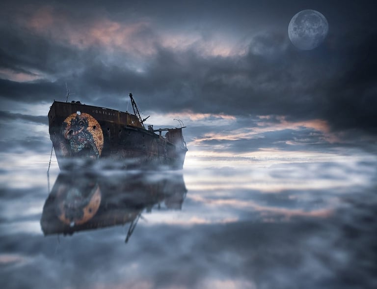 Rusty shipwreck on dreamy waters in the evening.