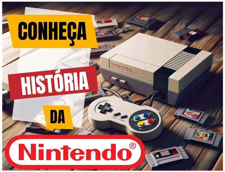Conheça a História da Nintendo (console super Nintendo com controle e cartuchos na mesa)