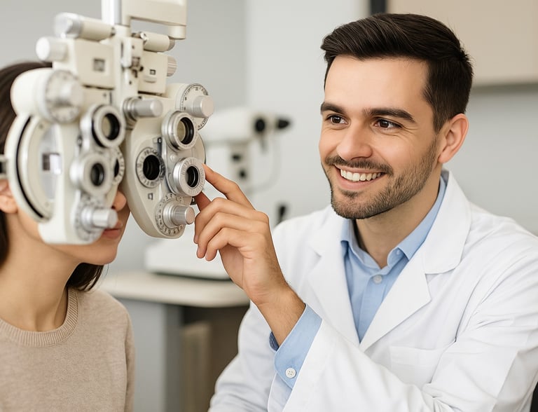 An optometrist examines a patient’s eyes in a bright, modern Burnaby clinic.