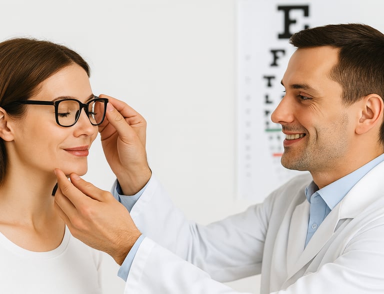 An optometrist adjusting glasses for a smiling patient in a modern Burnaby eye clinic—precision fit,