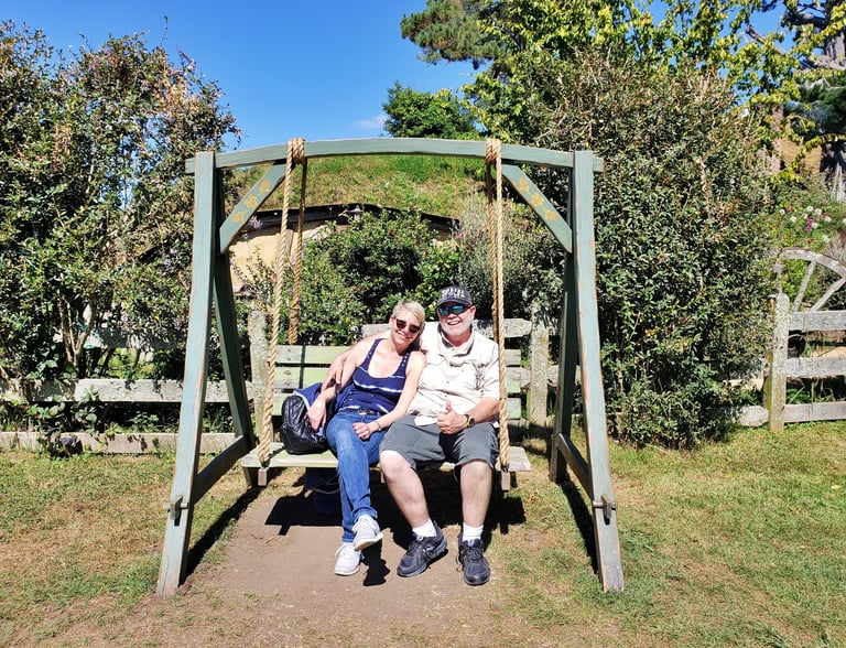 Lady and The Pirate take a load off in Hobbiton, New Zealand