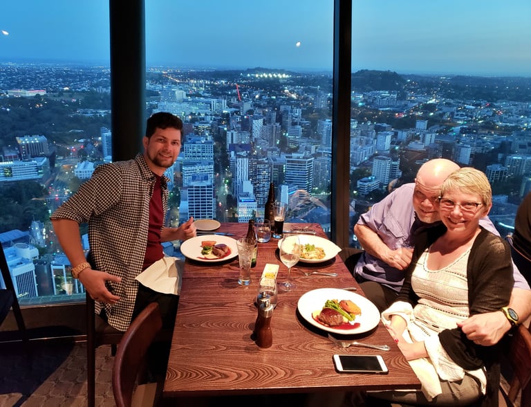 Lady and The Pirate dine with Steven in the Sky Tower in Auckland, New Zealand