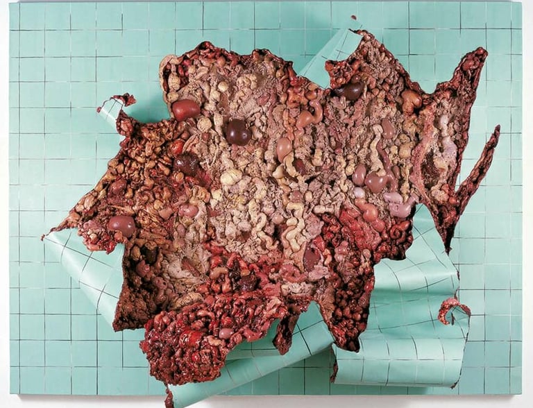 Azulejo gigante com cortes que expõem carne.