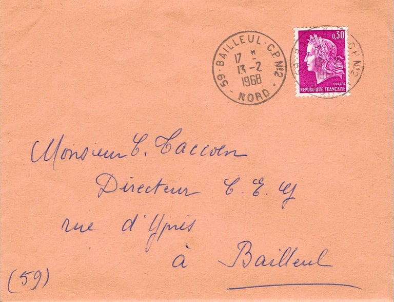 Brief bis 20 g von FLETRE (CP Nr. 2) nach PARIS, frankiert mit 30 c (Tarif vom 01.08.1966).