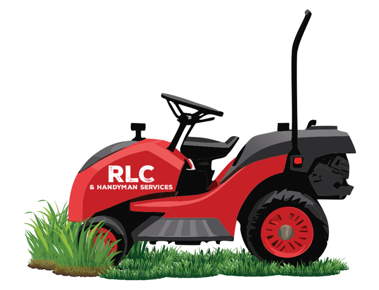 Ryan's Lawncare and handyman services logo. Red and black cartoon ride on lawnmower