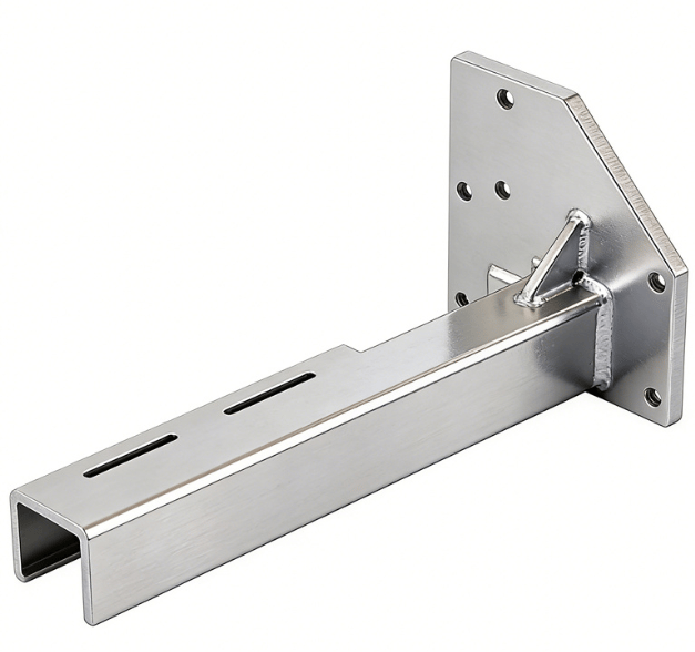 Heavy-duty brushed stainless steel wall mounting bracket with welded support gusset for industrial hardware installations.