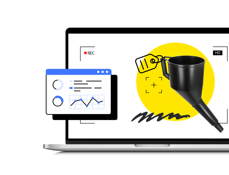 A laptop displaying marketing sales funnel analytics and data tracking dashboard for lead conversion.