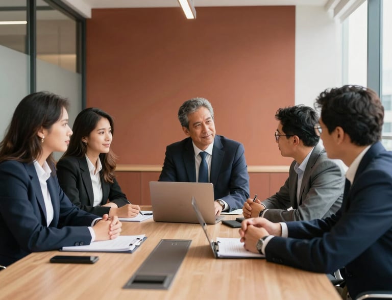 A professional team of architects and engineers collaborating around a meeting table in a modern corporate office in Lima, natural daylight, warm tones, 35mm