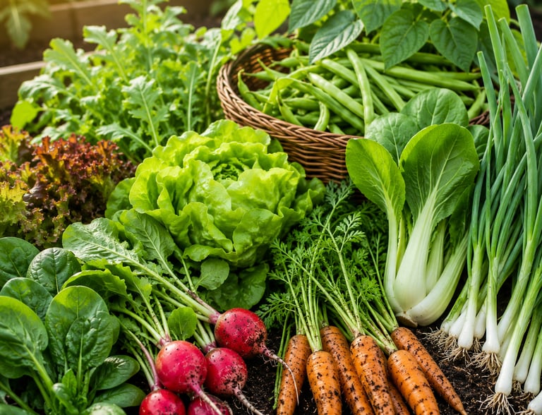Fresh harvest of fast-growing vegetables including lettuce, spinach, radishes, carrots, bok choy, gr