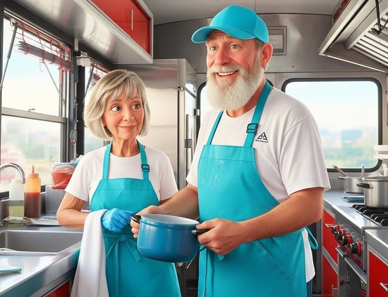 AI Cindy and Rodney Niemier wearing aprons inside food trailer