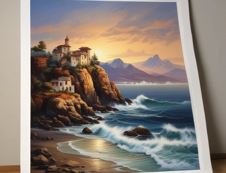 a painting of a lighthouse on a cliff