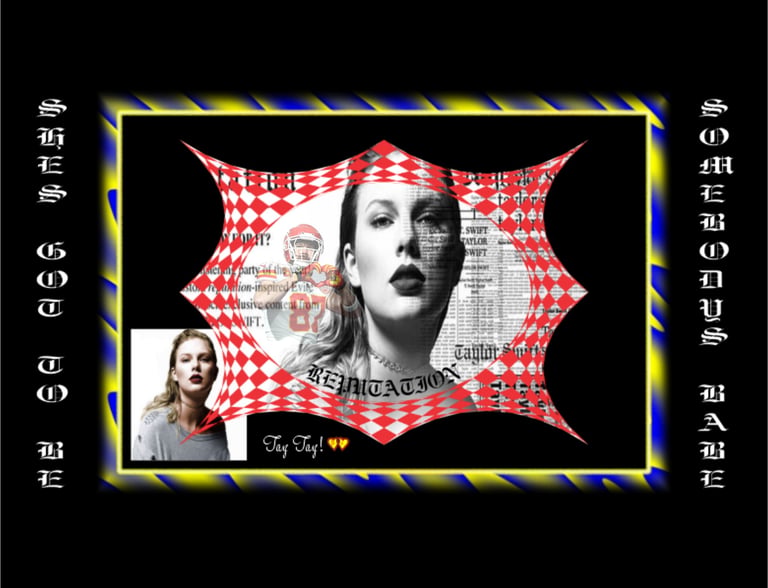 Taylor Swift Reputation album art collage with red checkered pattern and Travis Kelce graphic.