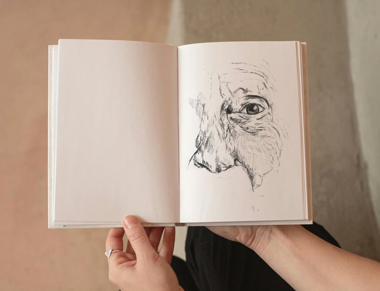 Ein offenes Skizzenbuch mit einer detaillierten Bleistiftzeichnung eines menschlichen Auges.