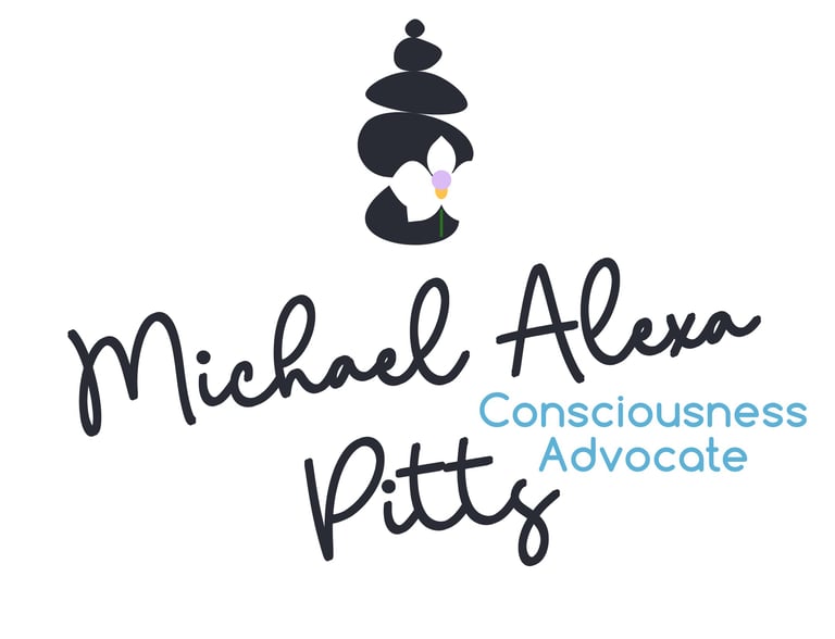 Brand art of Michael Alexa Pitts, in black cursive, Consciousness Advocate, in skyblue print, a black cairn, a white orchid