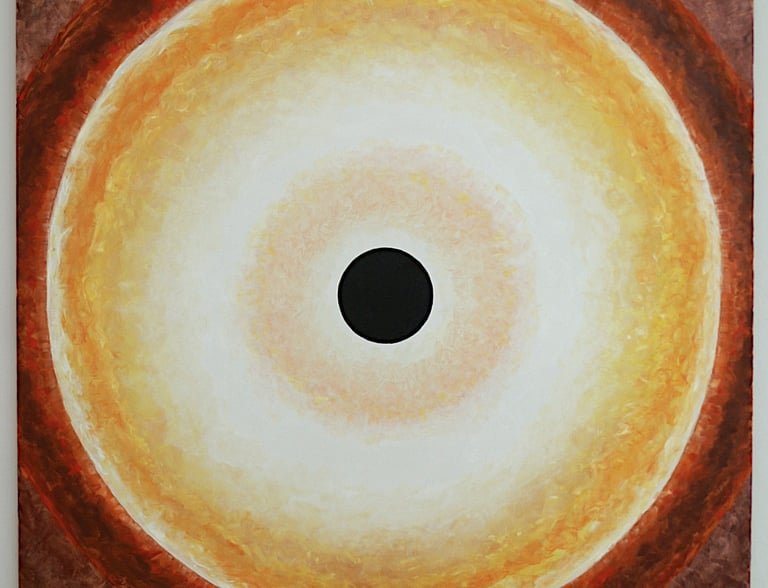Abstract oil painting of a glowing solar eclipse with concentric orange and yellow rings.