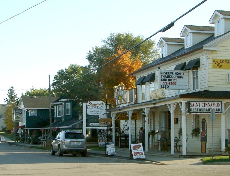 Historic downtown street in Sydenham Ontario featuring local restaurants and small businesses.