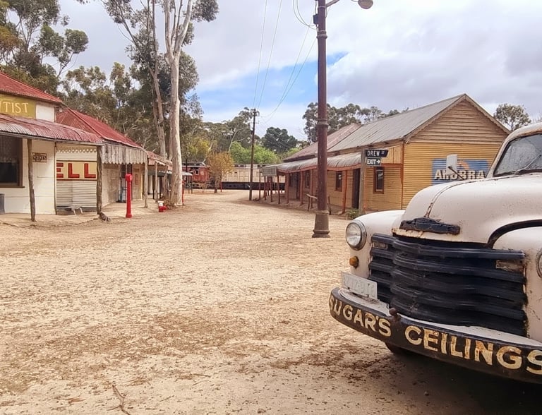 Vintage white Chevrolet truck parked in a historic Old Tailem Town street.
